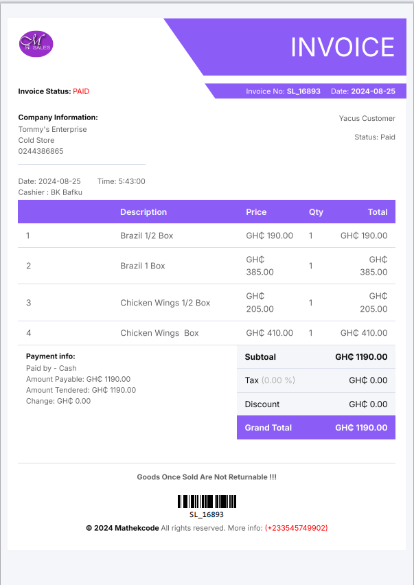 Msales Software A4 sheet Invoice Interface